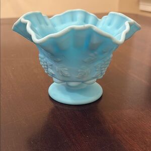 Westmoreland Blue Satin Milk Glass Grapes Design Pedestal Dish  USA